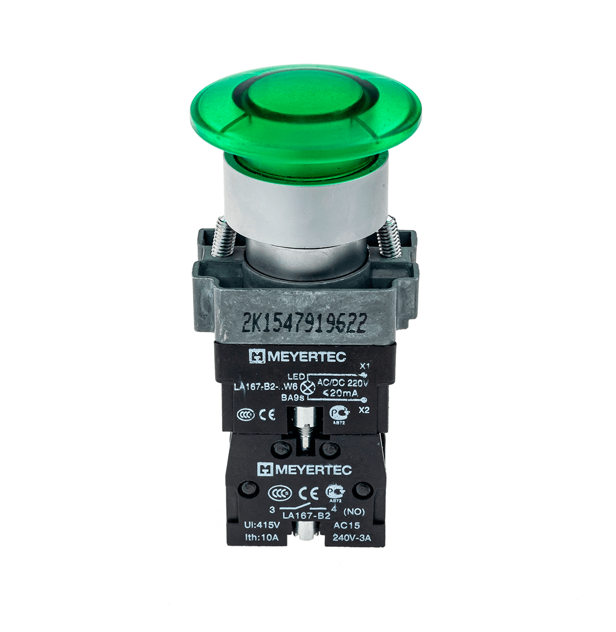 MTB2-BW3613 - Кнопка грибовидная без фиксации, с подсветкой, 24V, 1NO, зеленый