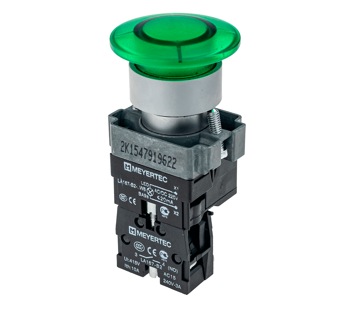 MTB2-BW3633 - Кнопка грибовидная без фиксации, с подсветкой, 220V, 1NO, зеленый