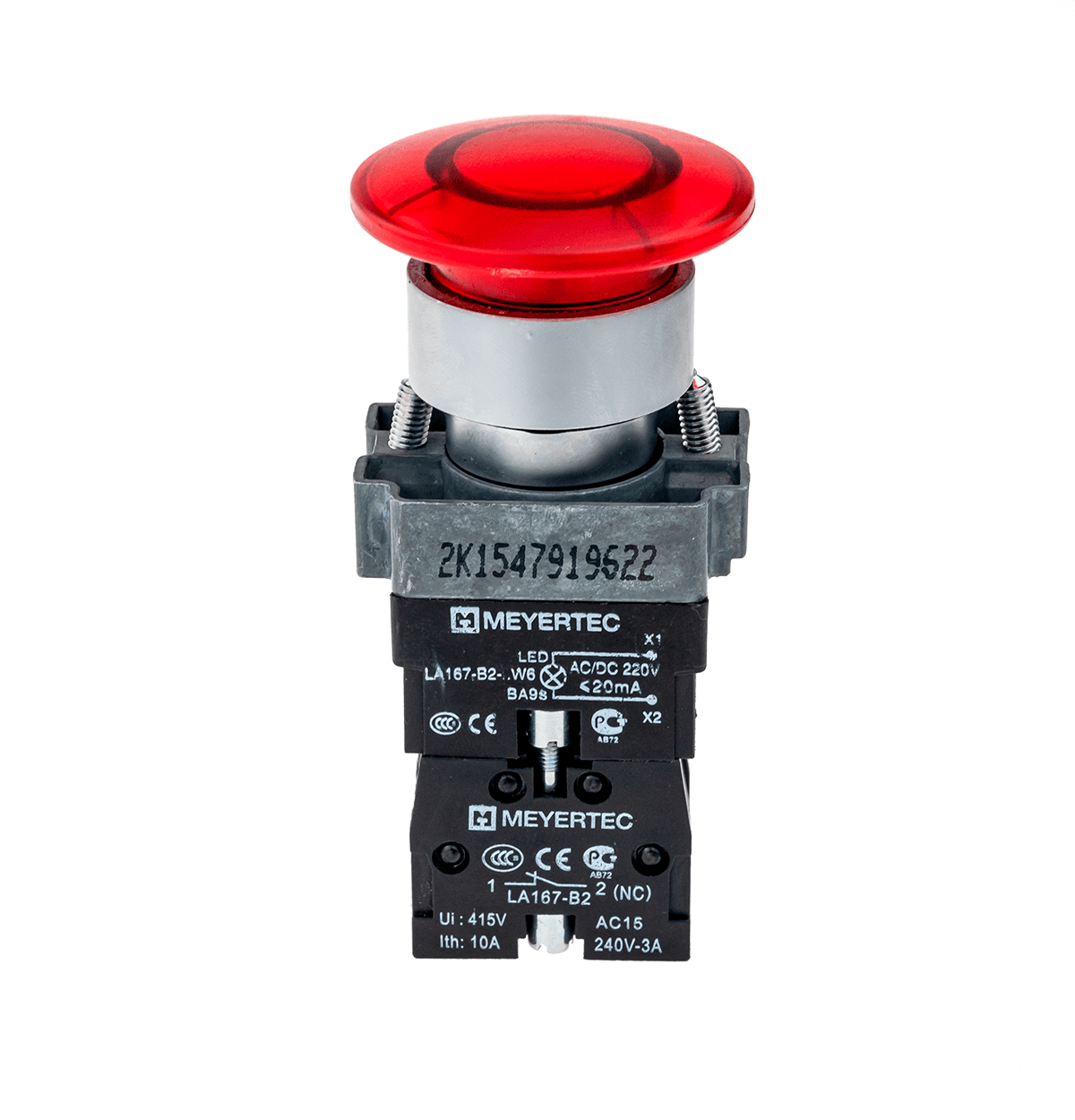 MTB2-BW4614 - Кнопка грибовидная без фиксации, с подсветкой, 24V, 1NC, красный