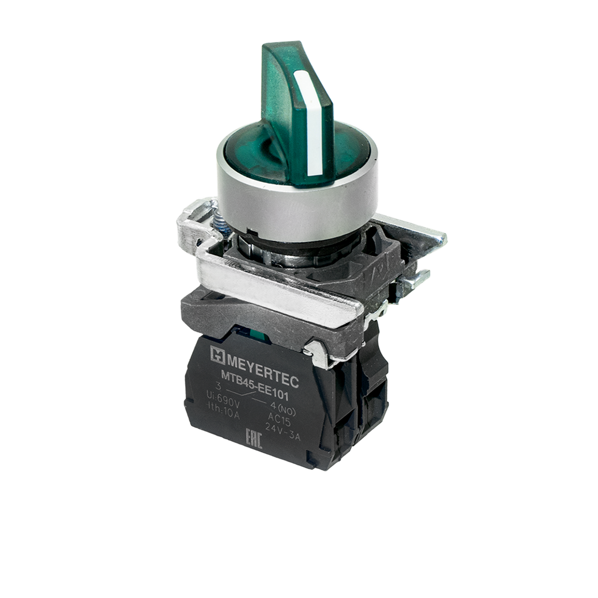 MTB4-BK23713 - Переключатель на 2 положения с фиксацией и подсветкой, зеленый, 1NO, 220V AC/DC, IP65, металл