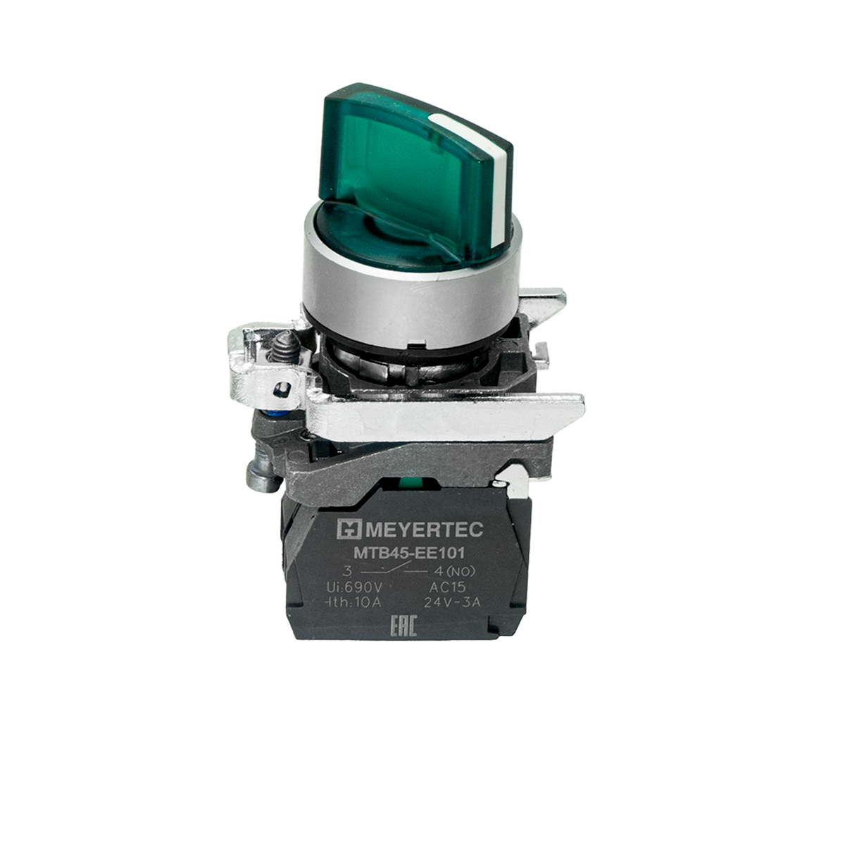 MTB4-BK23713 - Переключатель на 2 положения с фиксацией и подсветкой, зеленый, 1NO, 220V AC/DC, IP65, металл