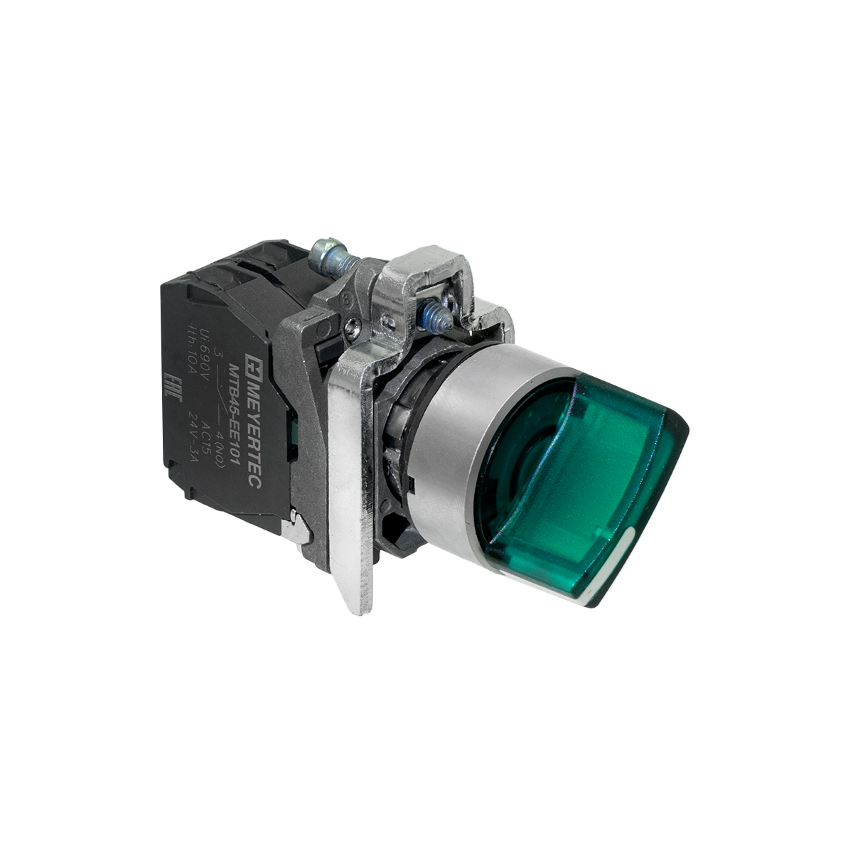 MTB4-BK23713 - Переключатель на 2 положения с фиксацией и подсветкой, зеленый, 1NO, 220V AC/DC, IP65, металл
