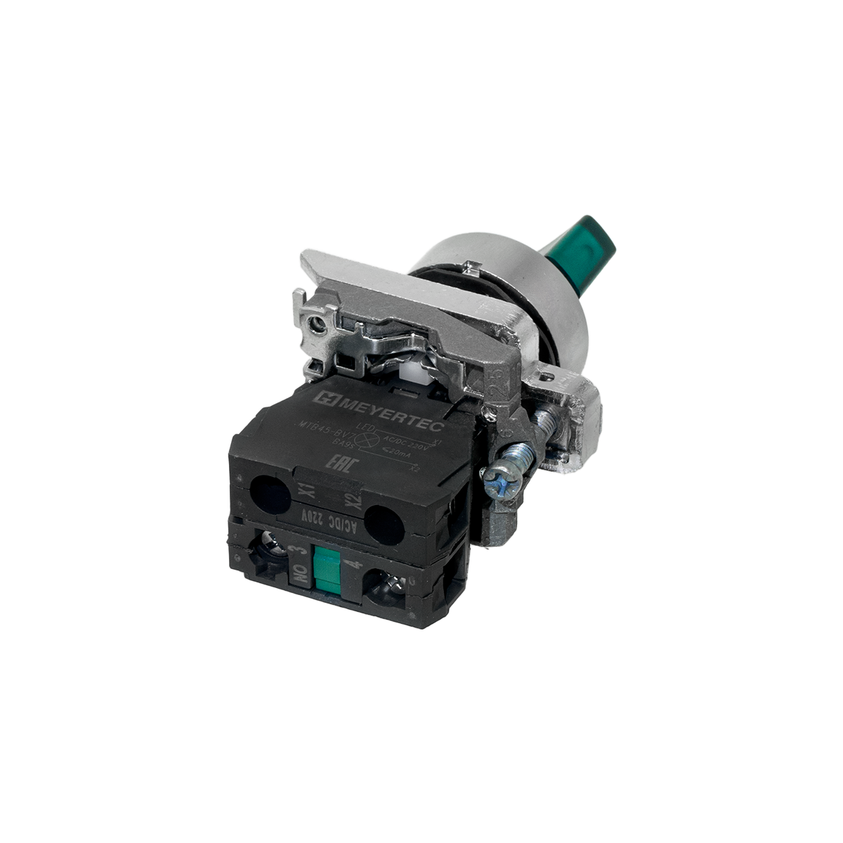 MTB4-BK23713 - Переключатель на 2 положения с фиксацией и подсветкой, зеленый, 1NO, 220V AC/DC, IP65, металл