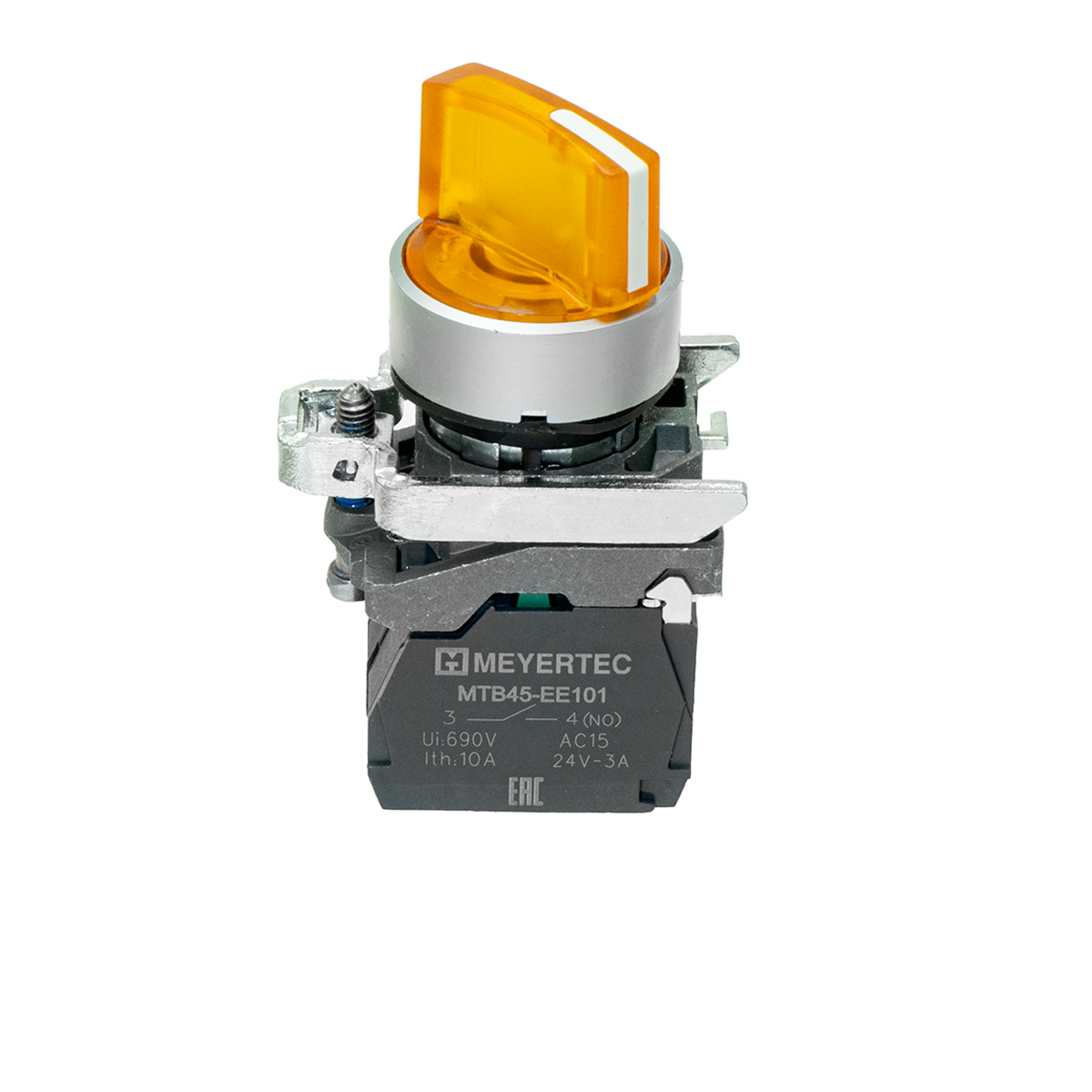 MTB4-BK35711 - Переключатель на 3 положения с фиксацией и подсветкой, желтый, 1NO, 24V AC/DC, IP65, металл