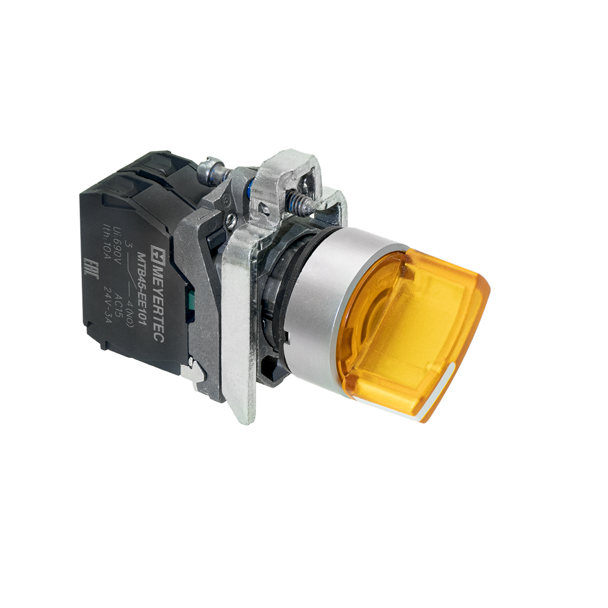MTB4-BK35711 - Переключатель на 3 положения с фиксацией и подсветкой, желтый, 1NO, 24V AC/DC, IP65, металл