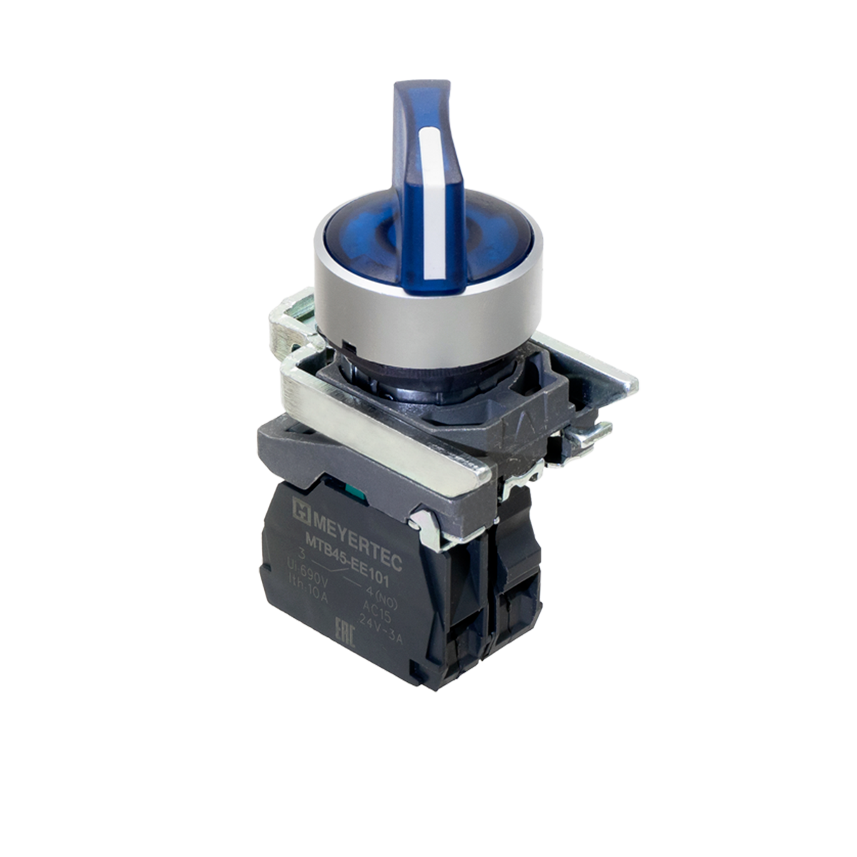 MTB4-BK36711 - Переключатель на 3 положения с фиксацией и подсветкой, синий, 1NO, 24V AC/DC, IP65, металл