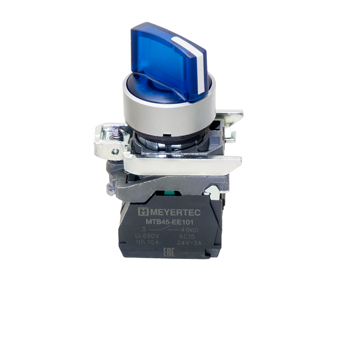 MTB4-BK36711 - Переключатель на 3 положения с фиксацией и подсветкой, синий, 1NO, 24V AC/DC, IP65, металл