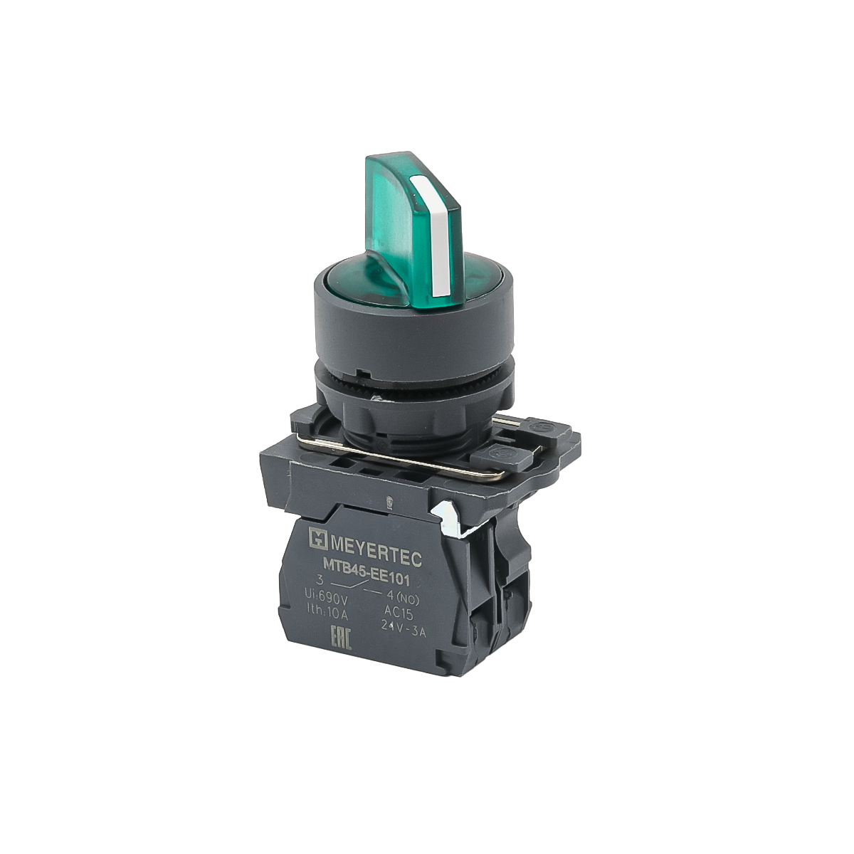 MTB5-AK33713 - Переключатель на 3 положения с фиксацией и подсветкой, зеленый, 1NO, 220V AC/DC, IP65, пластик