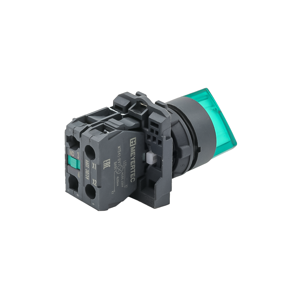 MTB5-AK33713 - Переключатель на 3 положения с фиксацией и подсветкой, зеленый, 1NO, 220V AC/DC, IP65, пластик