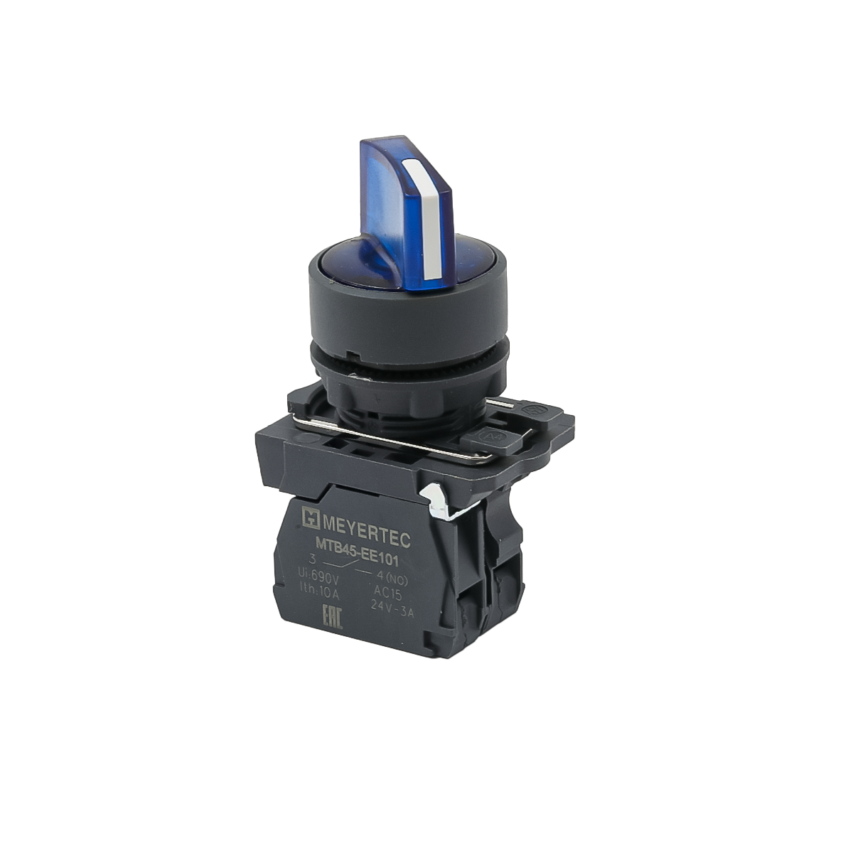 MTB5-AK36711 - Переключатель на 3 положения с фиксацией и подсветкой, синий, 1NO, 24V AC/DC, IP65, пластик