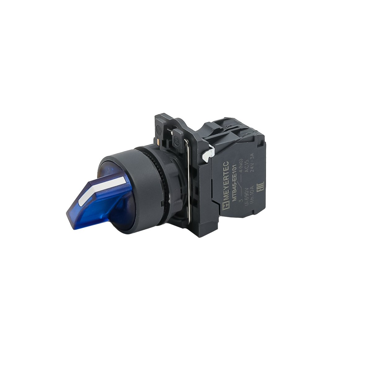 MTB5-AK36711 - Переключатель на 3 положения с фиксацией и подсветкой, синий, 1NO, 24V AC/DC, IP65, пластик