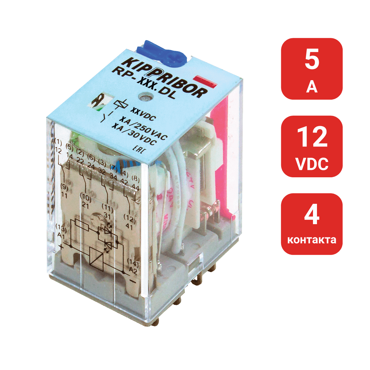 RP-402.DL - 4-конт. реле, 12VDC, ток 5А, LED-индикатор
