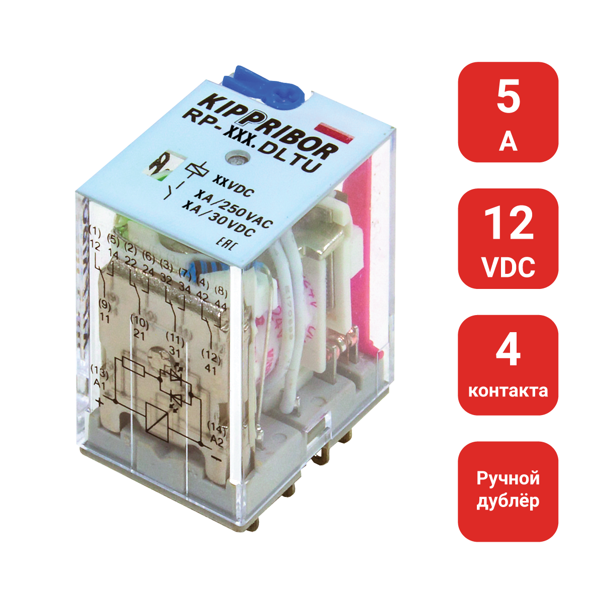 RP-402.DLTU - 4-конт. реле, 12VDC, ток 5А, LED-индикатор, ручной дублер
