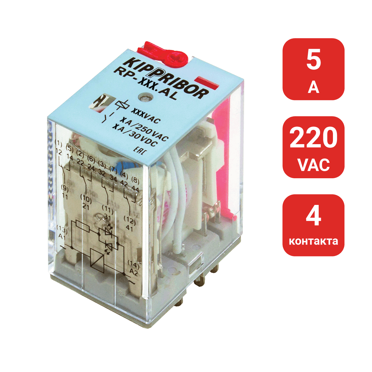 RP-407.AL - 4-конт. реле, 220VAC, ток 5А, LED-индикатор