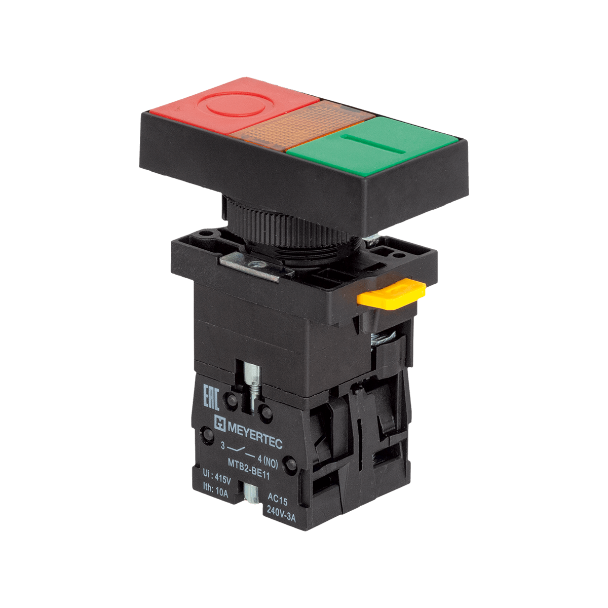 MTB2-EW8363 - Кнопка двойная плоская с подсветкой, красная/зеленая, маркировка "I+O", 1NO+1NC, 220V AC/DC, IP40, пластик