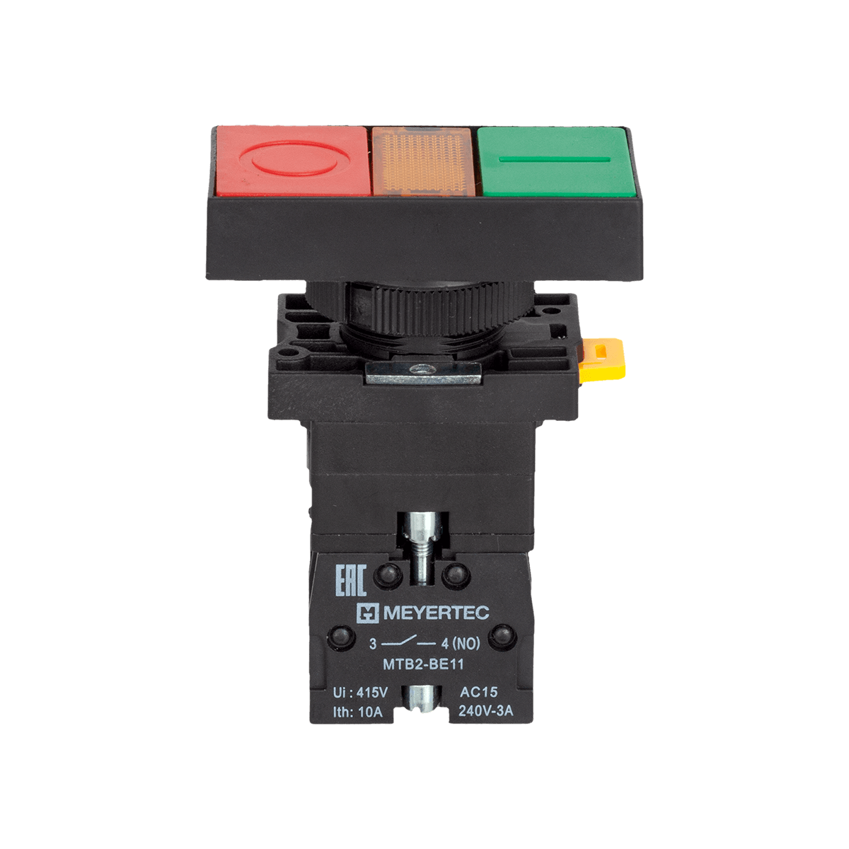 MTB2-EW8363 - Кнопка двойная плоская с подсветкой, красная/зеленая, маркировка "I+O", 1NO+1NC, 220V AC/DC, IP40, пластик