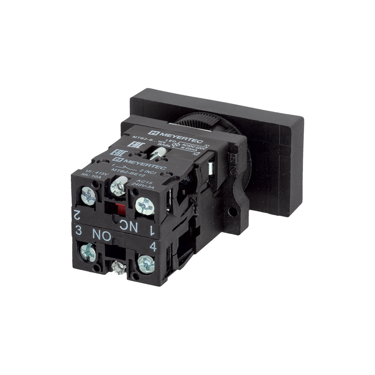 MTB2-EW8363 - Кнопка двойная плоская с подсветкой, красная/зеленая, маркировка "I+O", 1NO+1NC, 220V AC/DC, IP40, пластик