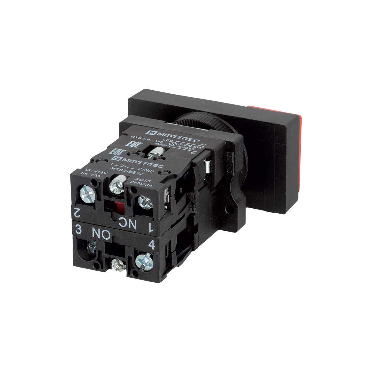 MTB2-EW8463 - Кнопка двойная выступающая с подсветкой, красная/зеленая, маркировка "I+O", 1NO+1NC, 220V AC/DC, IP40, пластик